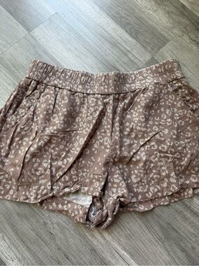 A New Day Brown Cheetah Print Elastic Waist Linen Blend Womens Shorts Size XL